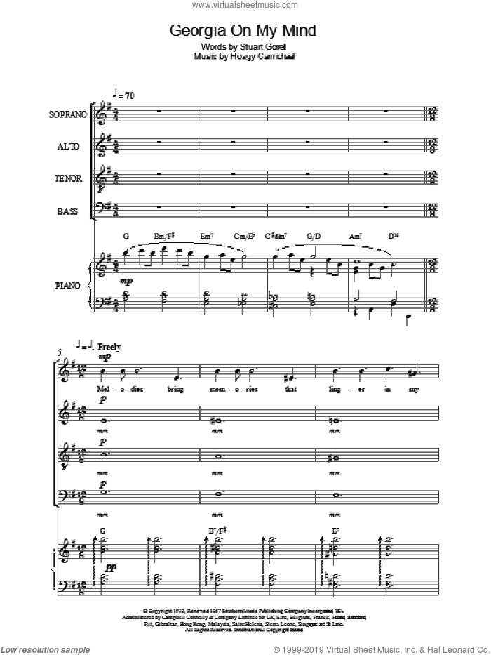 Georgia On My Mind sheet music for choir by Ray Charles, Hoagy Carmichael and Stuart Gorrell, intermediate skill level