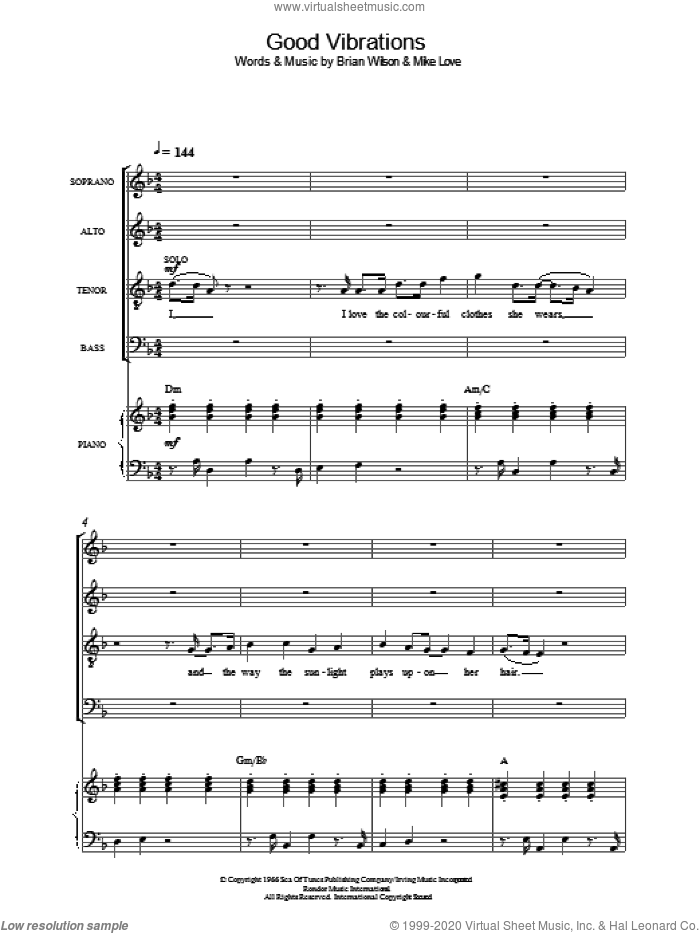 Good Vibrations sheet music for choir (SATB: soprano, alto, tenor, bass) by The Beach Boys, Brian Wilson and Mike Love, intermediate skill level