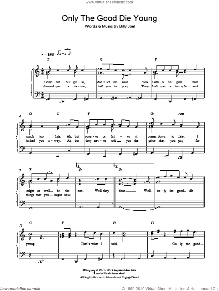 Only The Good Die Young sheet music for voice and piano by Billy Joel, intermediate skill level