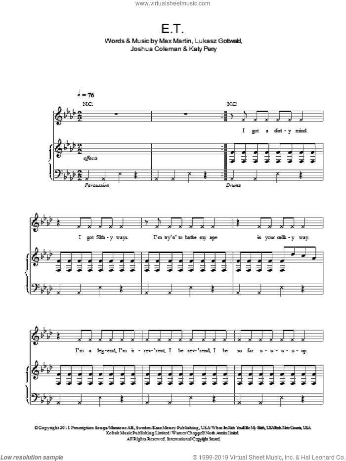 E.T. sheet music for voice, piano or guitar by Katy Perry, Joshua Coleman, Lukasz Gottwald and Max Martin, intermediate skill level