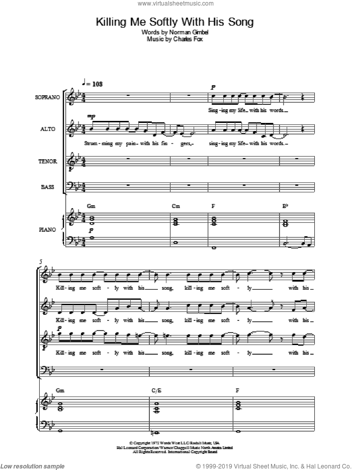 Killing Me Softly With His Song sheet music for choir by Roberta Flack, Charles Fox and Norman Gimbel, intermediate skill level
