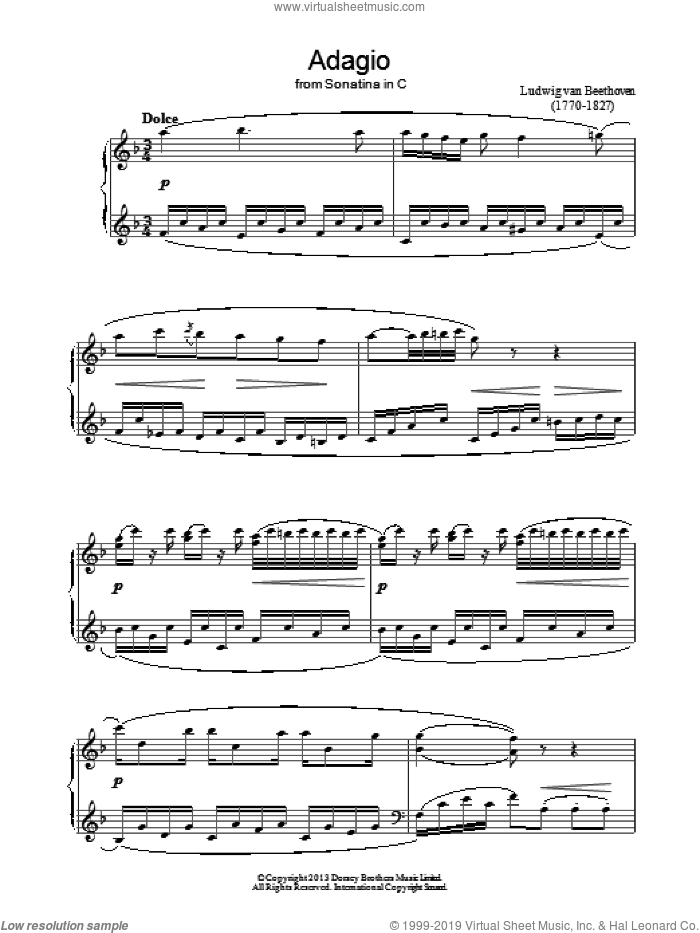 Adagio Sonatina In C sheet music for piano solo by Ludwig van Beethoven, classical score, intermediate skill level
