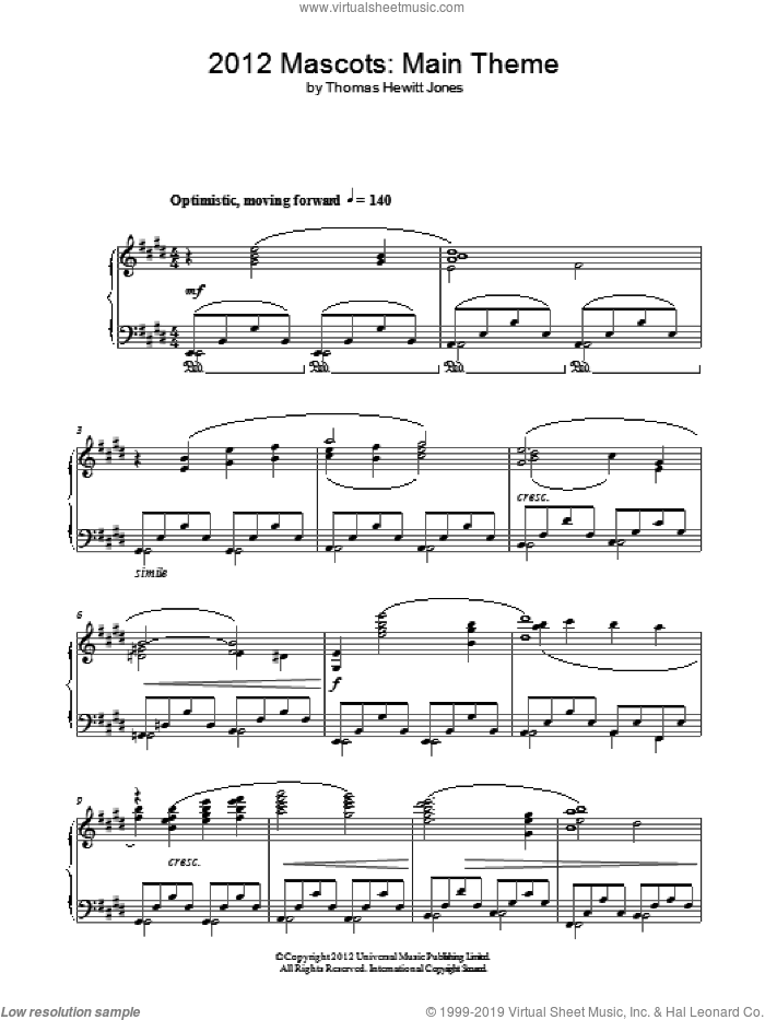 Official Mascot's Theme sheet music for piano solo by Thomas Hewitt Jones, intermediate skill level