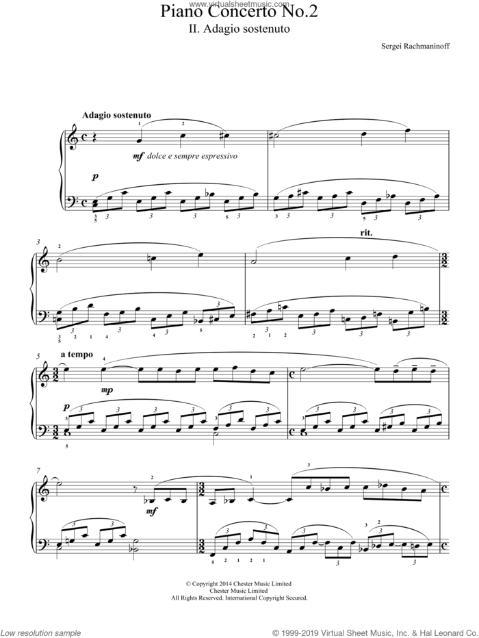 Piano Concerto No.2 - 2nd Movement sheet music for piano solo by Serjeij Rachmaninoff, classical score, easy skill level