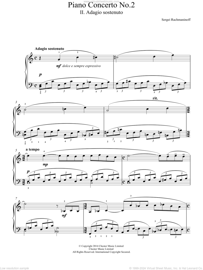 Piano Concerto No.2 - 2nd Movement sheet music for piano solo by Serjeij Rachmaninoff, classical score, easy skill level