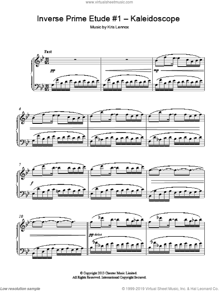 Inverse Prime Etude #1 - Kaleidoscope sheet music for piano solo by Kris Lennox, classical score, intermediate skill level
