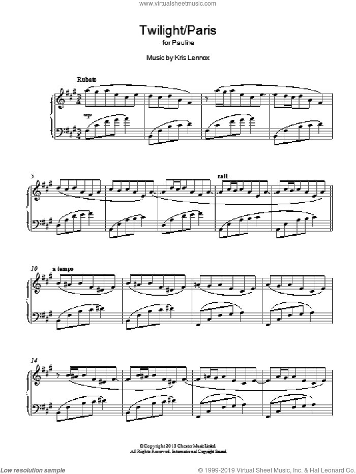 Twilight/Paris sheet music for piano solo by Kris Lennox, classical score, intermediate skill level