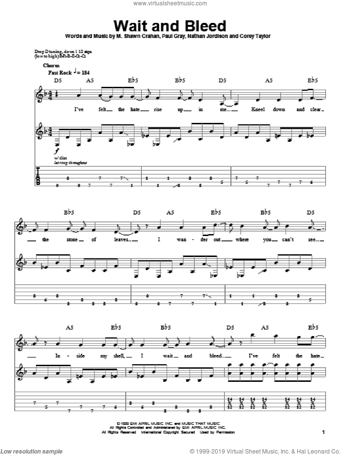 Wait And Bleed sheet music for guitar (tablature, play-along) by Slipknot, Corey Taylor, M. Shawn Crahan, Nathan Jordison and Paul Gray, intermediate skill level