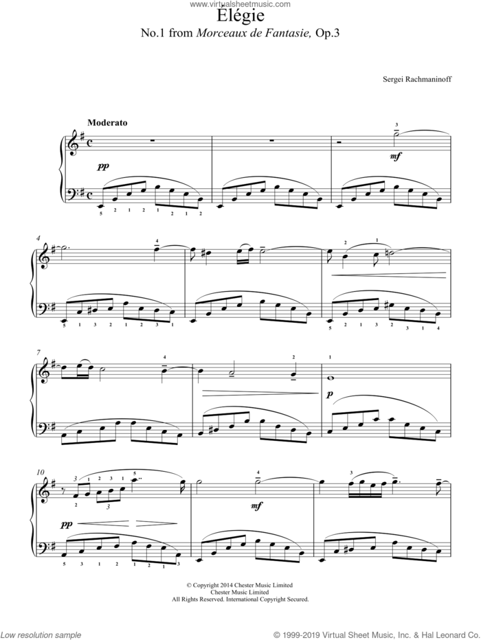 Elegie (No.1 from Morceaux de Fantasie, Op.3) sheet music for piano solo by Serjeij Rachmaninoff, classical score, easy skill level