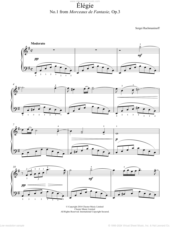 Elegie (No.1 from Morceaux de Fantasie, Op.3) sheet music for piano solo by Serjeij Rachmaninoff, classical score, easy skill level