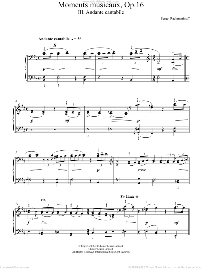 Moments musicaux Op.16, No.3 Andante cantabile sheet music for piano solo by Serjeij Rachmaninoff, classical score, easy skill level