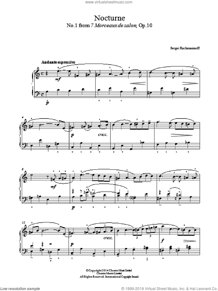 Nocturne (No.1 from 7 Morceaux de salon, Op.10) sheet music for piano solo by Serjeij Rachmaninoff, classical score, easy skill level