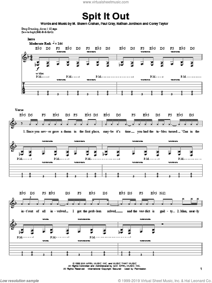 Spit It Out sheet music for guitar (tablature, play-along) by Slipknot, Corey Taylor, M. Shawn Crahan, Nathan Jordison and Paul Gray, intermediate skill level