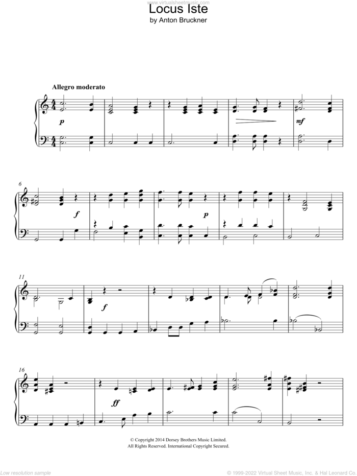 Locus Iste sheet music for piano solo by Anton Bruckner, classical score, intermediate skill level