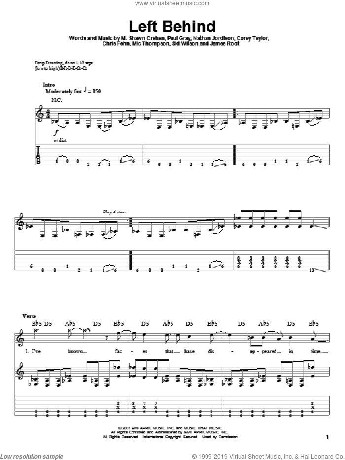 Left Behind sheet music for guitar (tablature, play-along) by Slipknot, Chris Fehn, Corey Taylor, James Root, M. Shawn Crahan, Mic Thompson, Nathan Jordison, Paul Gray and Sid Wilson, intermediate skill level