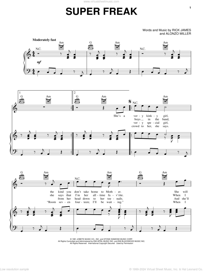 Super Freak sheet music for voice, piano or guitar by Rick James and Alonzo Miller, intermediate skill level