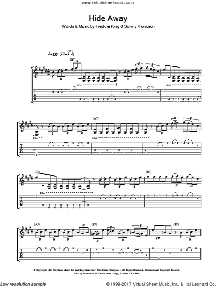 Hide Away sheet music for guitar (tablature) by Freddie King and Sonny Thompson, intermediate skill level