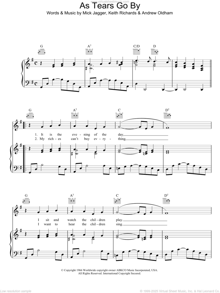 As Tears Go By sheet music for voice, piano or guitar by The Rolling Stones, Andrew Loog Oldham, Keith Richards and Mick Jagger, intermediate skill level