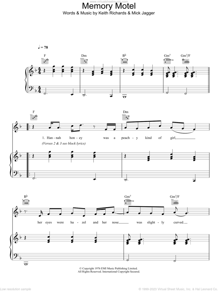 Memory Motel sheet music for voice, piano or guitar by The Rolling Stones, Keith Richards and Mick Jagger, intermediate skill level