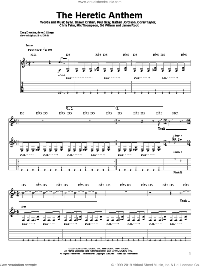 The Heretic Anthem sheet music for guitar (tablature, play-along) by Slipknot, Chris Fehn, Corey Taylor, James Root, M. Shawn Crahan, Mic Thompson, Nathan Jordison, Paul Gray and Sid Wilson, intermediate skill level