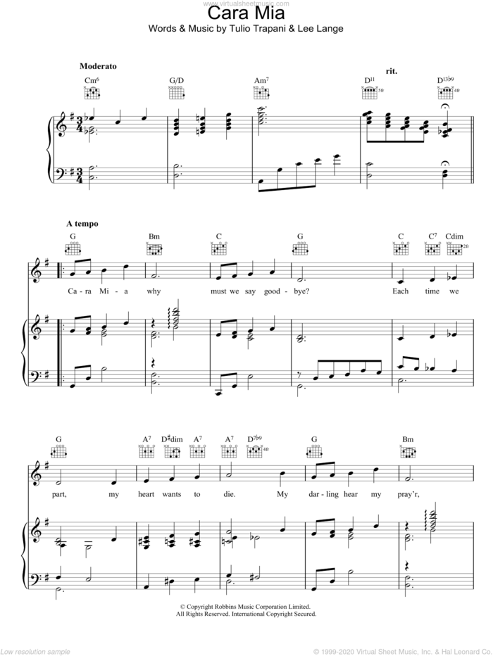 Cara Mia sheet music for voice, piano or guitar by Tulio Trapani and Lee Lange, classical score, intermediate skill level