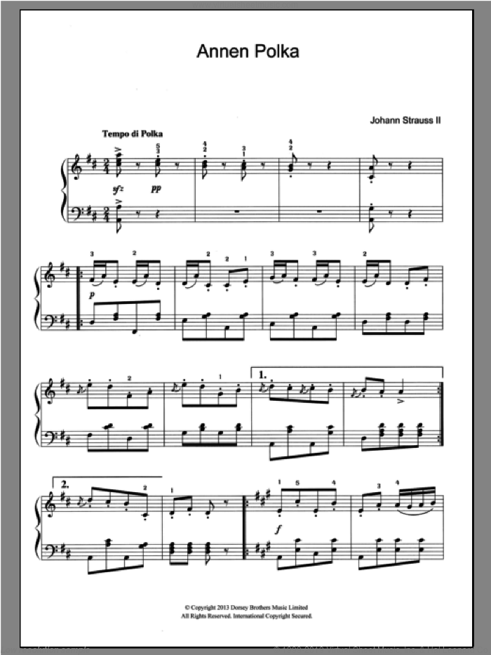 Annen Polka, Op. 117 sheet music for piano solo by Johann Strauss, Jr., classical score, intermediate skill level