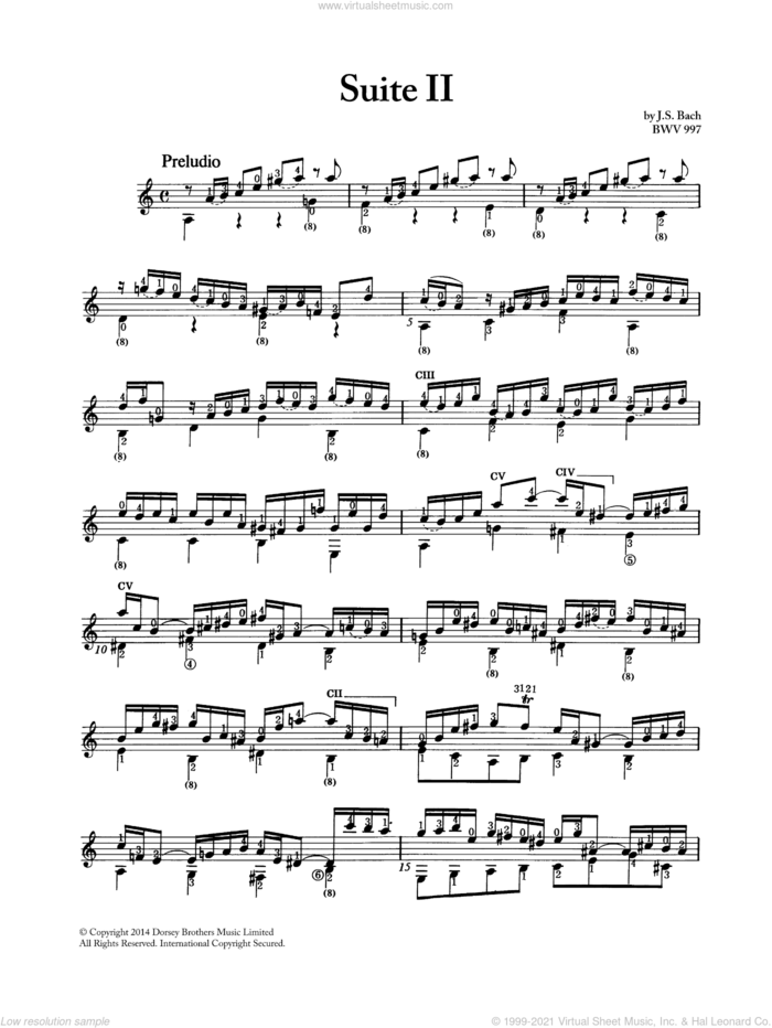 Suite in Cm BWV 997 sheet music for guitar solo by Johann Sebastian Bach, classical score, intermediate skill level