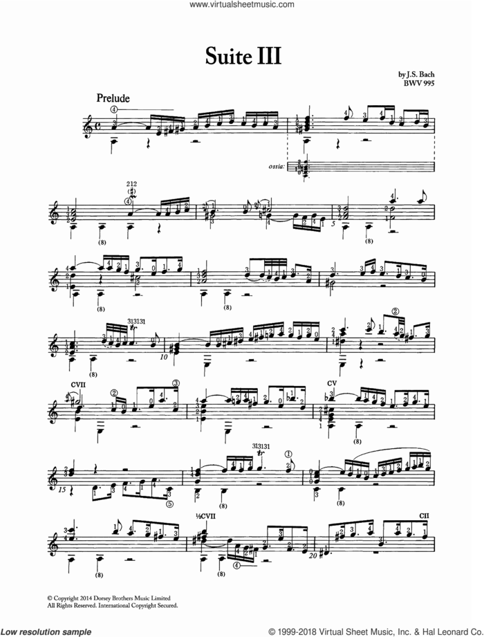 Suite In Gm BWV 995 sheet music for guitar solo by Johann Sebastian Bach, classical score, intermediate skill level
