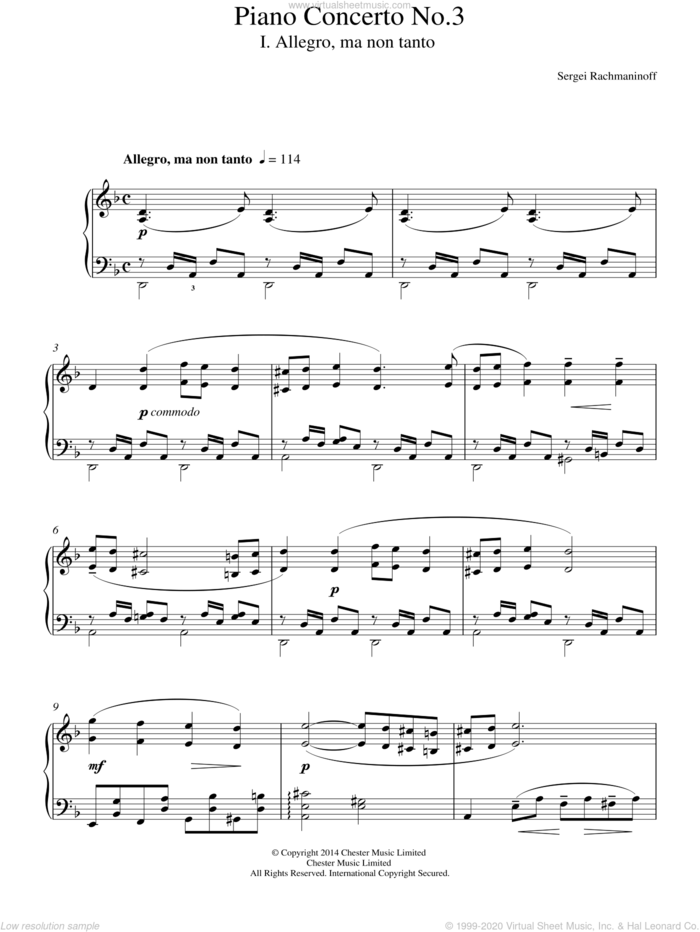 Piano Concerto No.3 - 1st Movement, (intermediate) sheet music for piano solo by Serjeij Rachmaninoff, classical score, intermediate skill level