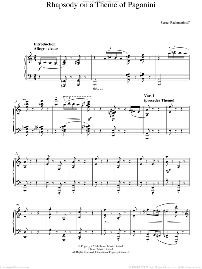 Rhapsody on a Theme of Paganini, (intermediate) sheet music for piano solo by Serjeij Rachmaninoff, classical score, intermediate skill level