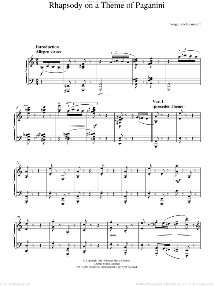 Rhapsody on a Theme of Paganini, (intermediate) sheet music for piano solo by Serjeij Rachmaninoff, classical score, intermediate skill level