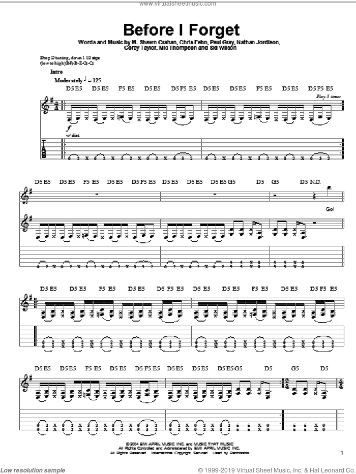 Before I Forget sheet music for guitar (tablature, play-along) by Slipknot, Chris Fehn, Corey Taylor, M. Shawn Crahan, Mic Thompson, Nathan Jordison, Paul Gray and Sid Wilson, intermediate skill level
