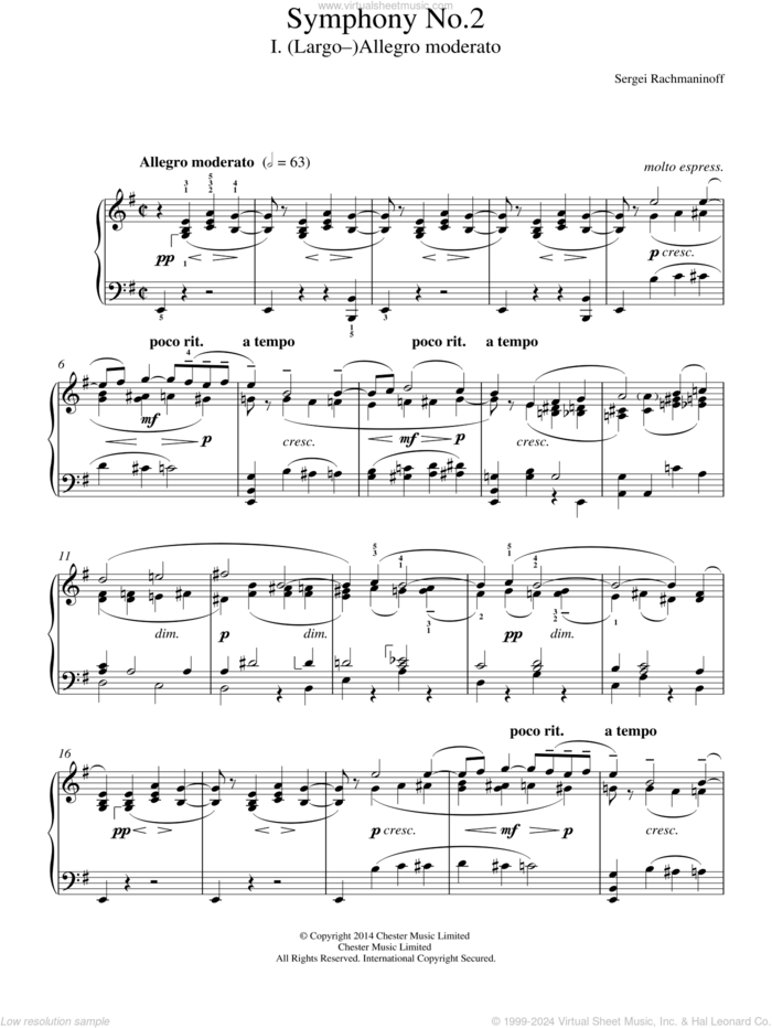Symphony No.2 - 1st Movement sheet music for piano solo by Serjeij Rachmaninoff, classical score, intermediate skill level