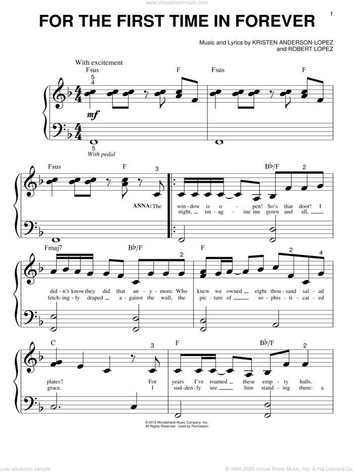 For The First Time In Forever (from Frozen) sheet music for piano solo (big note book) by Kristen Bell, Idina Menzel, Kristen Anderson-Lopez and Robert Lopez, easy piano (big note book)