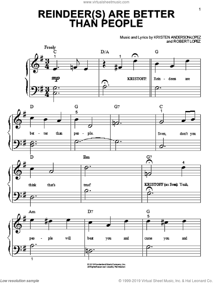 Reindeer(s) Are Better Than People (from Disney's Frozen) sheet music for piano solo (big note book) by Jonathan Groff, Kristen Anderson-Lopez and Robert Lopez, easy piano (big note book)