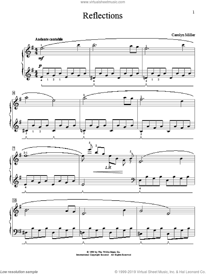 Reflections sheet music for piano solo (elementary) by Carolyn Miller, classical score, beginner piano (elementary)