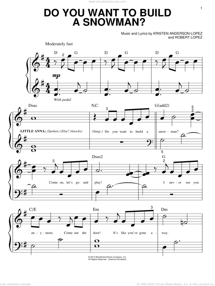 Do You Want To Build A Snowman? (from Frozen) sheet music for piano solo (big note book) by Robert Lopez, Kristen Anderson-Lopez and Kristen Bell, Agatha Lee Monn & Katie Lopez, easy piano (big note book)