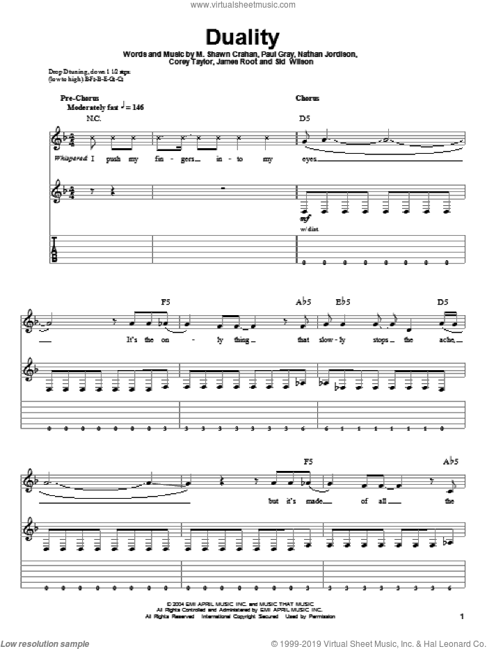 Duality sheet music for guitar (tablature, play-along) by Slipknot, Corey Taylor, James Root, M. Shawn Crahan, Nathan Jordison, Paul Gray and Sid Wilson, intermediate skill level