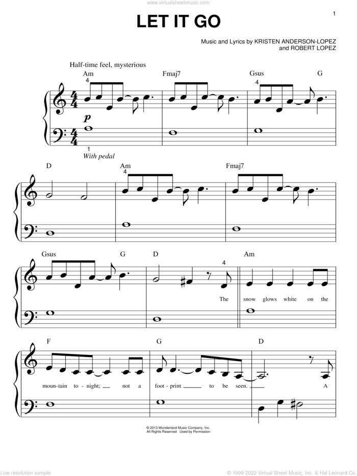 Let It Go (from Frozen) sheet music for piano solo (big note book) by Idina Menzel, Kristen Anderson-Lopez, Robert Lopez and Demi Lovato, easy piano (big note book)