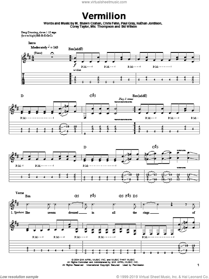 Vermilion sheet music for guitar (tablature, play-along) by Slipknot, Chris Fehn, Corey Taylor, M. Shawn Crahan, Mic Thompson, Nathan Jordison, Paul Gray and Sid Wilson, intermediate skill level