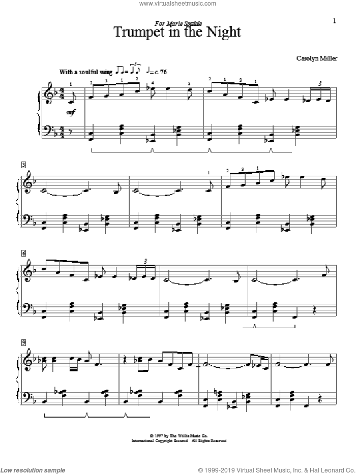 Trumpet In The Night sheet music for piano solo (elementary) by Carolyn Miller, classical score, beginner piano (elementary)