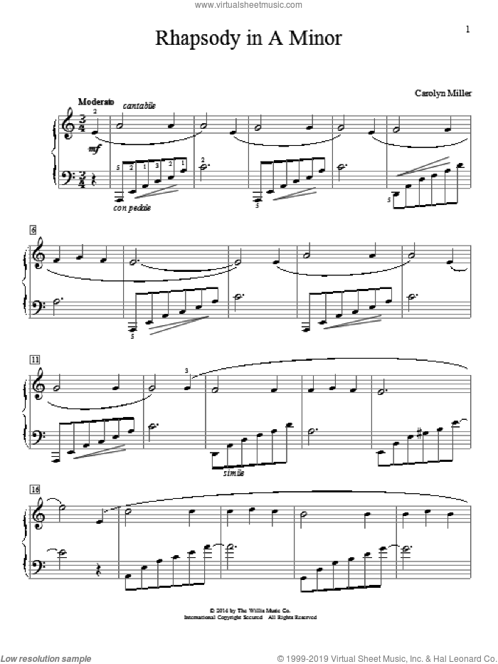 Rhapsody In A Minor sheet music for piano solo (elementary) by Carolyn Miller, classical score, beginner piano (elementary)