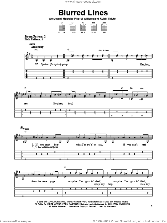 Blurred Lines sheet music for guitar solo (easy tablature) by Robin Thicke and Pharrell Williams, easy guitar (easy tablature)