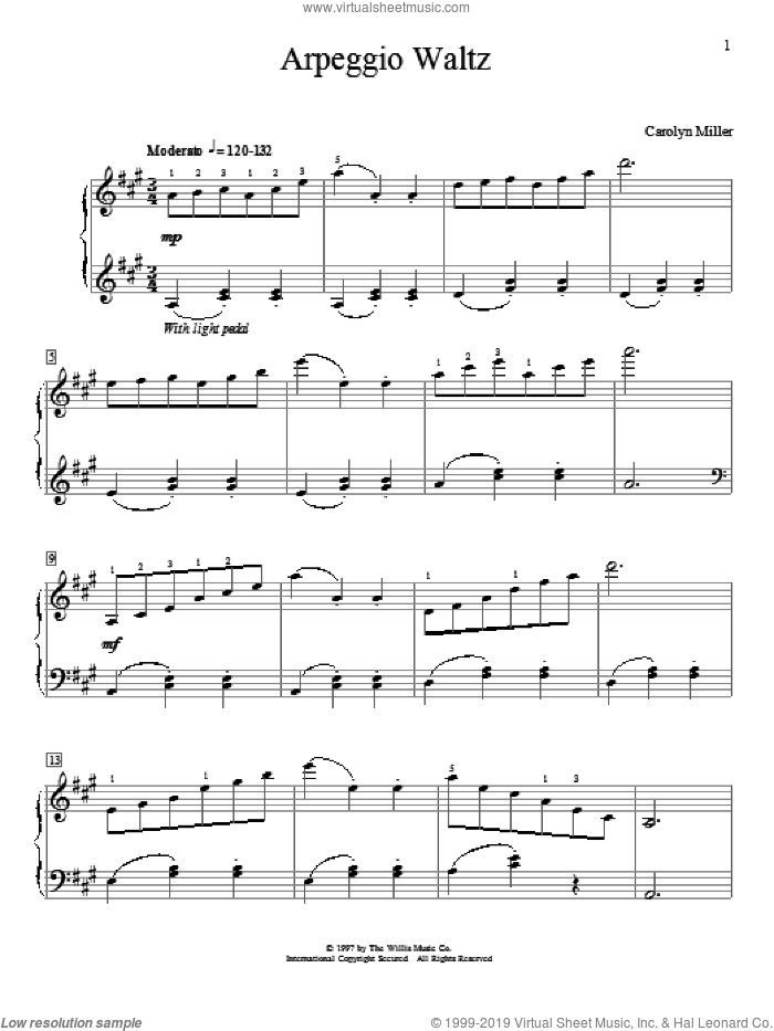 Arpeggio Waltz sheet music for piano solo (elementary) by Carolyn Miller, classical score, beginner piano (elementary)