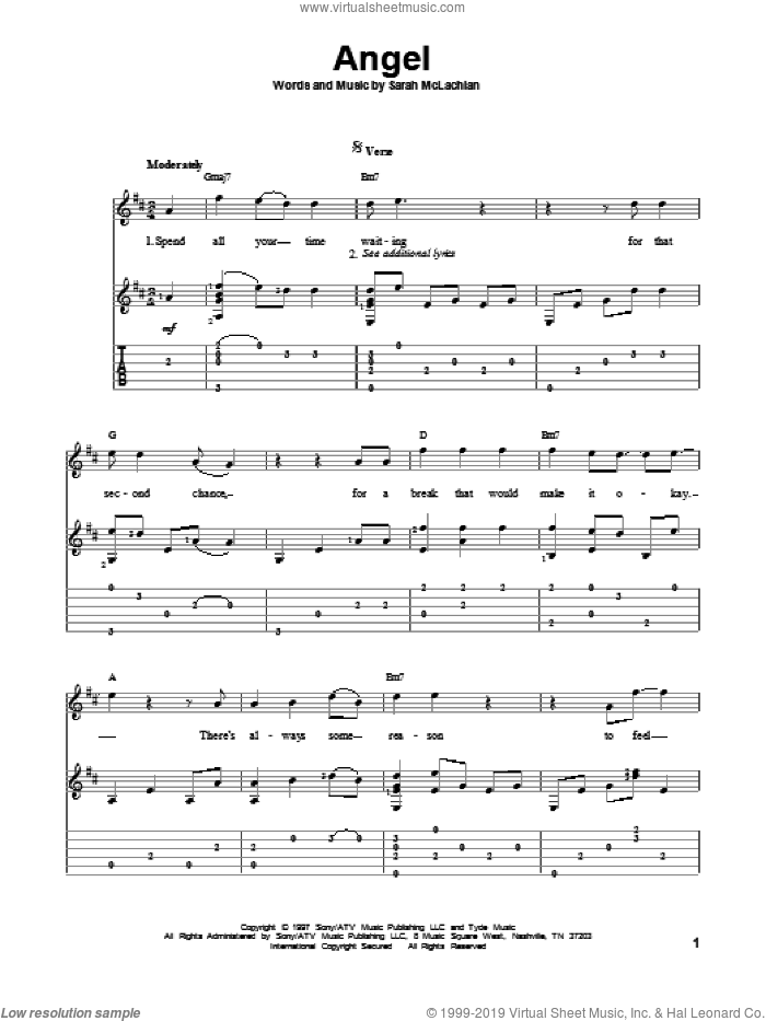 Angel sheet music for guitar solo by Sarah McLachlan, intermediate skill level