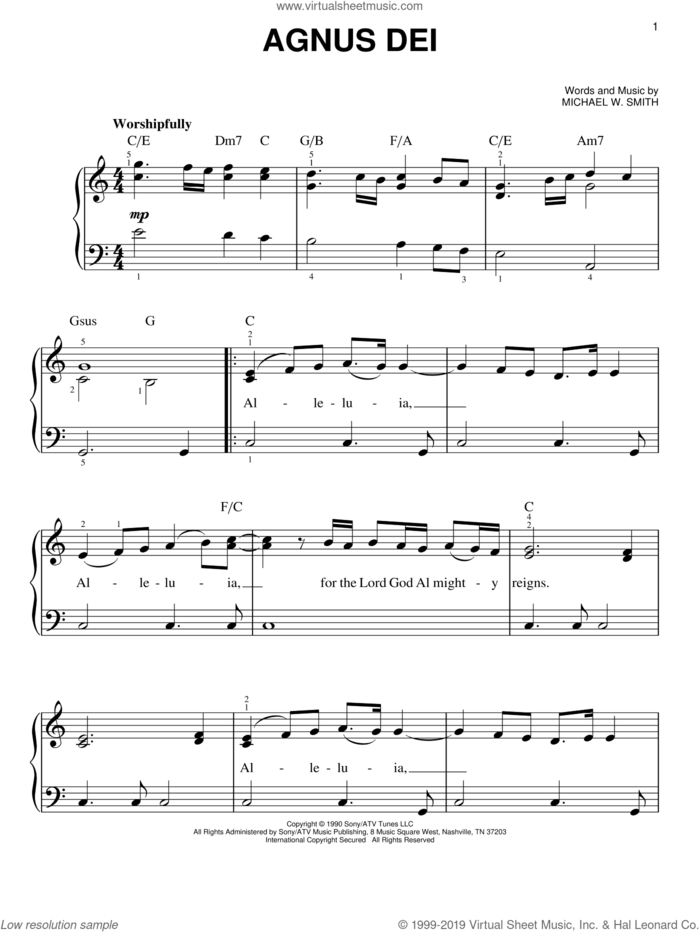 Agnus Dei, (easy) sheet music for piano solo by Michael W. Smith, easy skill level