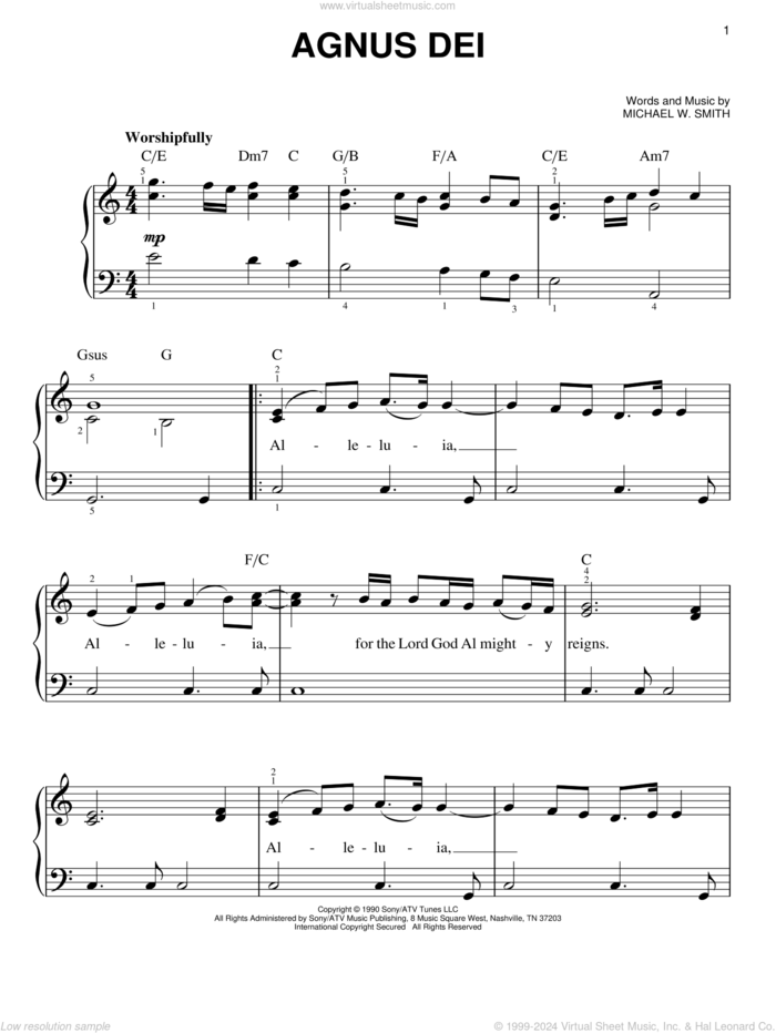 Agnus Dei, (easy) sheet music for piano solo by Michael W. Smith, easy skill level