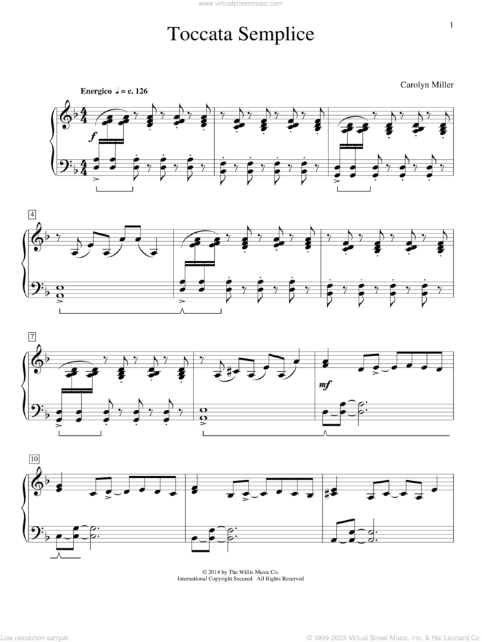 Toccata Semplice sheet music for piano solo (elementary) by Carolyn Miller, classical score, beginner piano (elementary)