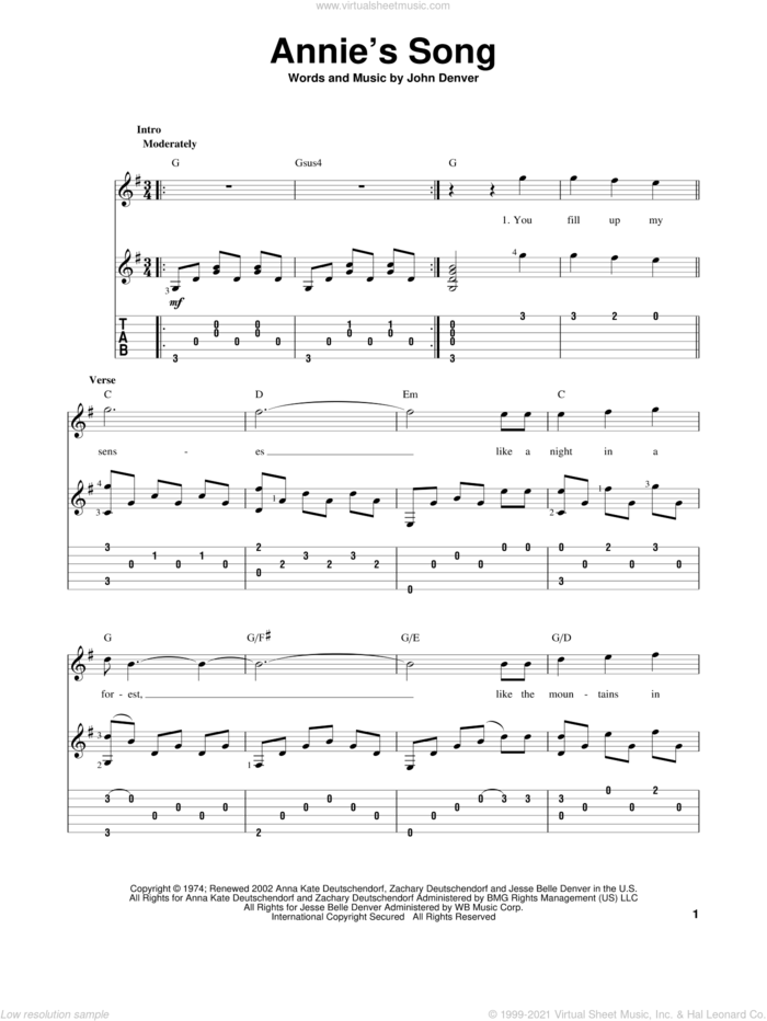 Annie's Song sheet music for guitar solo by John Denver, intermediate skill level
