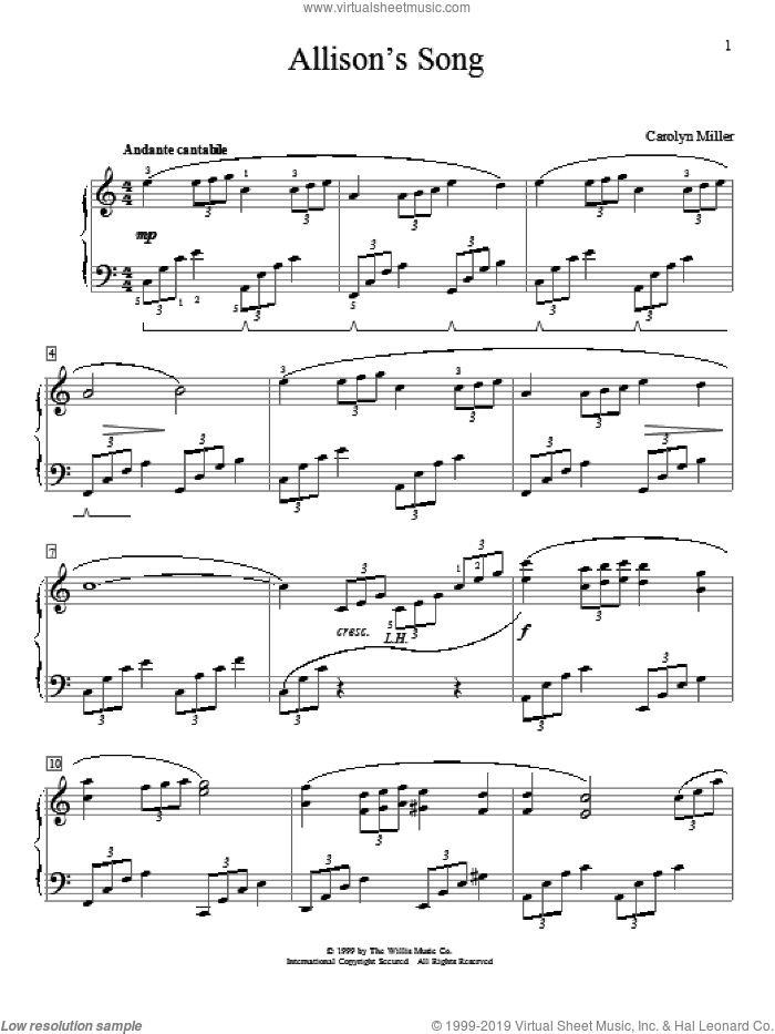 Allison's Song sheet music for piano solo (elementary) by Carolyn Miller, classical score, beginner piano (elementary)